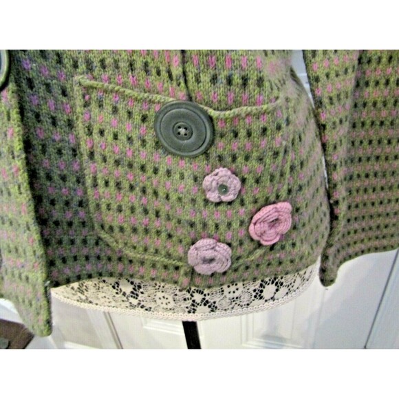 Sigrid Olsen Cardigan Green Wool Blend Knit Sweater Crochet Floral Accents PM - Picture 7 of 12